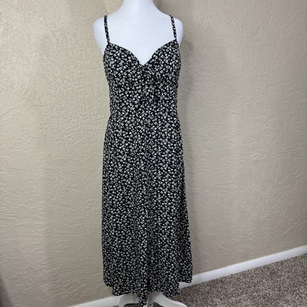 Y2K Retro Babydoll Midi Dress Size XL Tie Front Smocked Back Pinup Floral Grunge